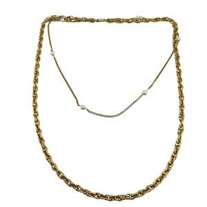 Vintage Faux Pearl Double Strand Layered Look Gold Tone Chain 21” Necklace